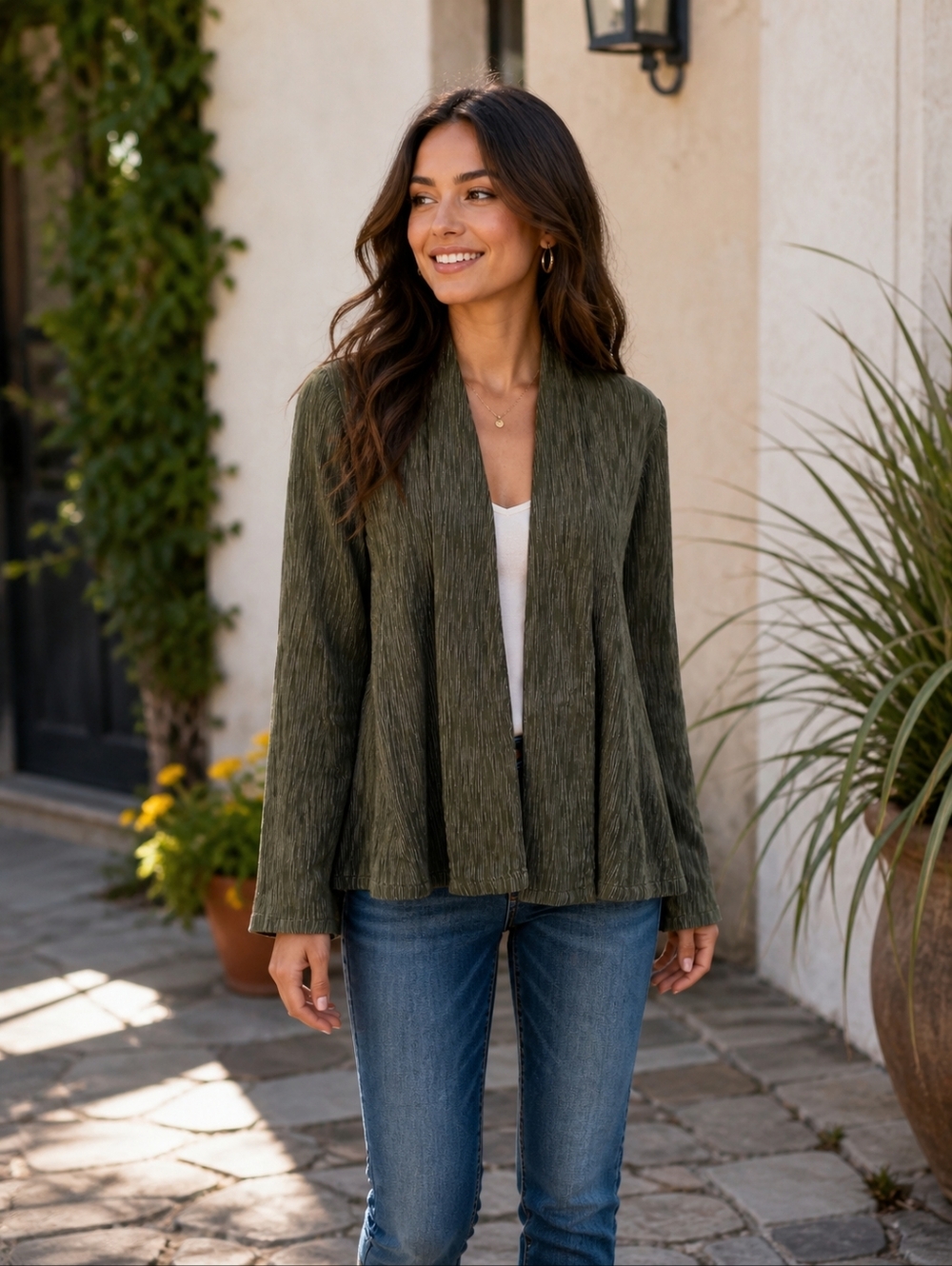 Pure J Jill Open Front Cardigan Green Gauze Cotton Lightweight Layer Boho S
